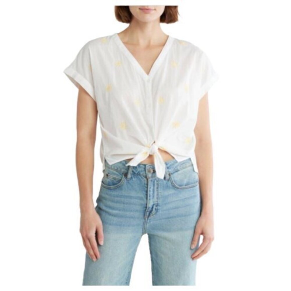 Lucky Brand V Neck Embroidered Sun Button Down Front Knot Shirt